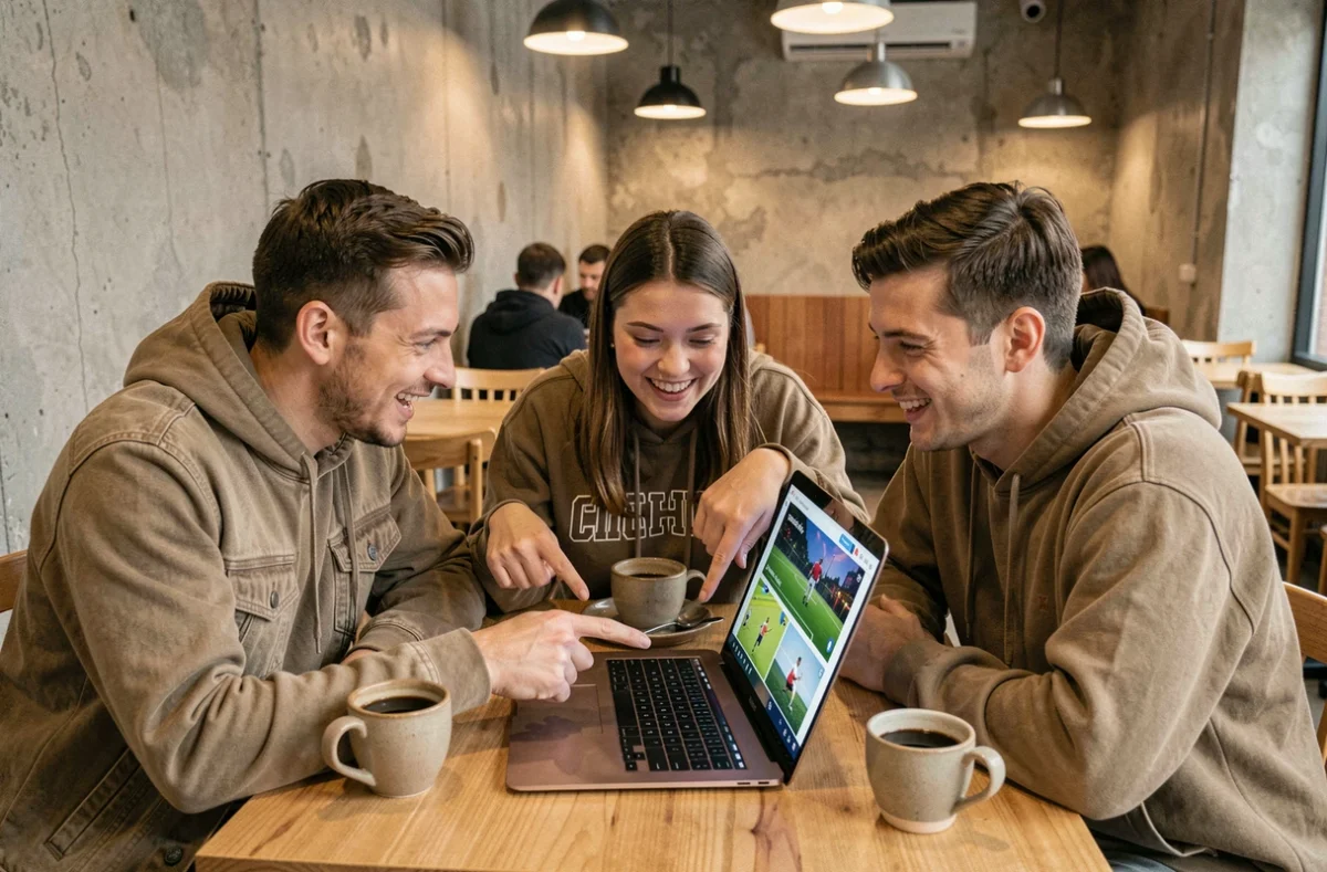 Groupe d'amis explorant ensemble un guide des univers du sport en ligne dans un café urbain