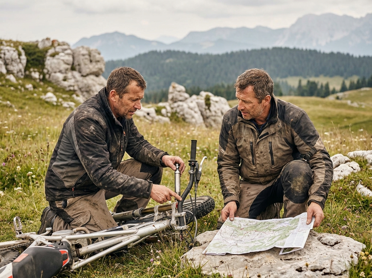 Mécanicien et pilote trial examinant la géométrie d'une moto en montagne, analyse du terrain alpin pour choisir la configuration idéale