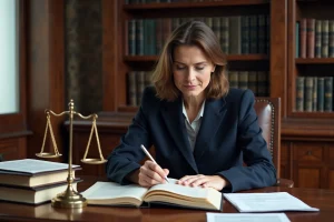 Avocate analysant un dossier juridique dans un cabinet traditionnel avec balance de la justice, illustrant l'appréciation juridique in concreto et in abstracto
