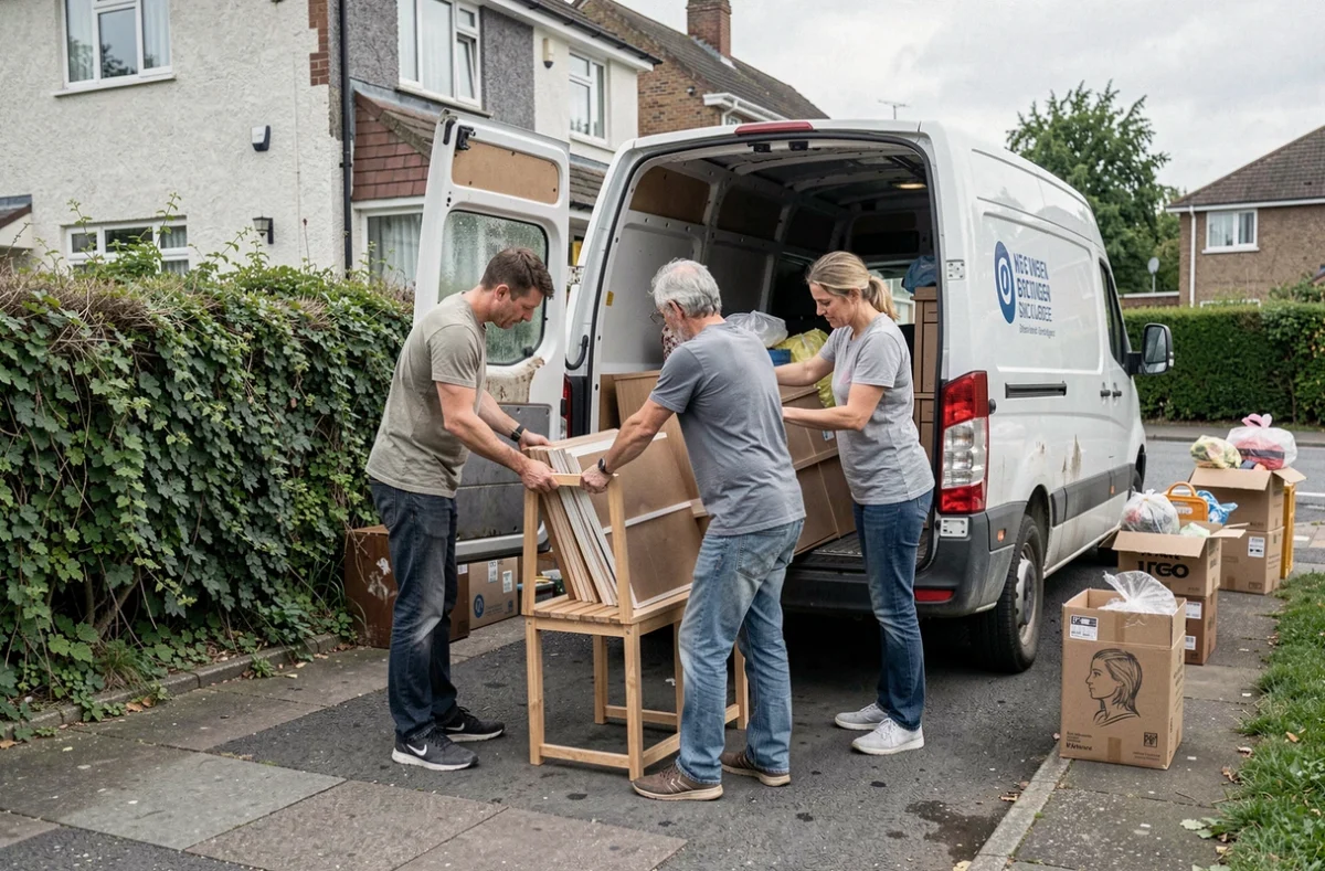 Deux bénévoles chargeant des meubles et objets d'occasion dans le véhicule d'une association de débarras