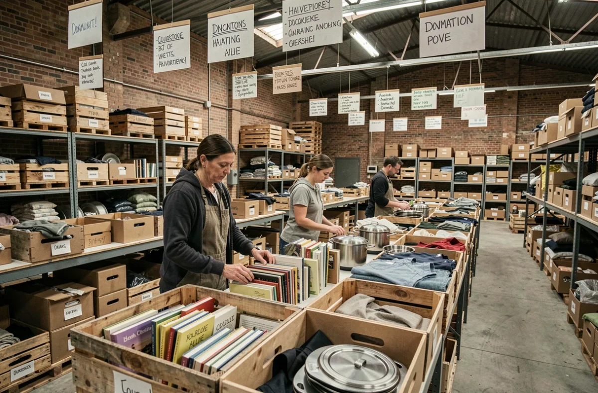 Bénévoles dans un centre de tri associatif organisant des objets donnés par des particuliers