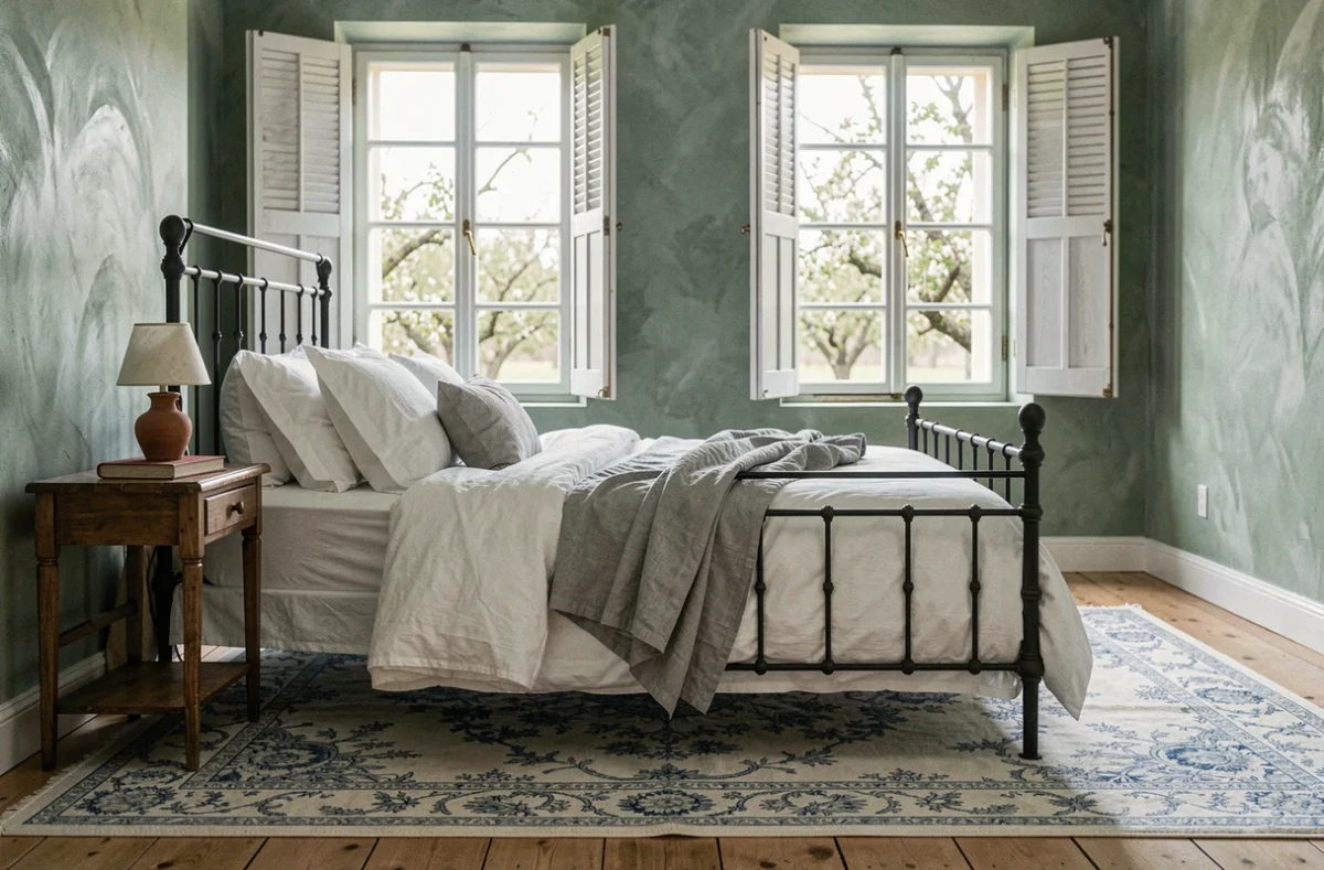 Chambre de maison de campagne française avec lit en fer forgé, murs vert sauge et volets en bois ouverts sur un verger