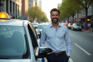 Conducteur de taxi urbain souriant devant son véhicule