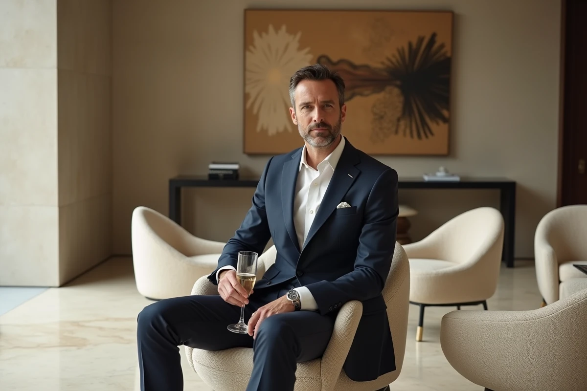 Homme en costume Gucci marine assis dans le lobby d'un hôtel de luxe haut de gamme