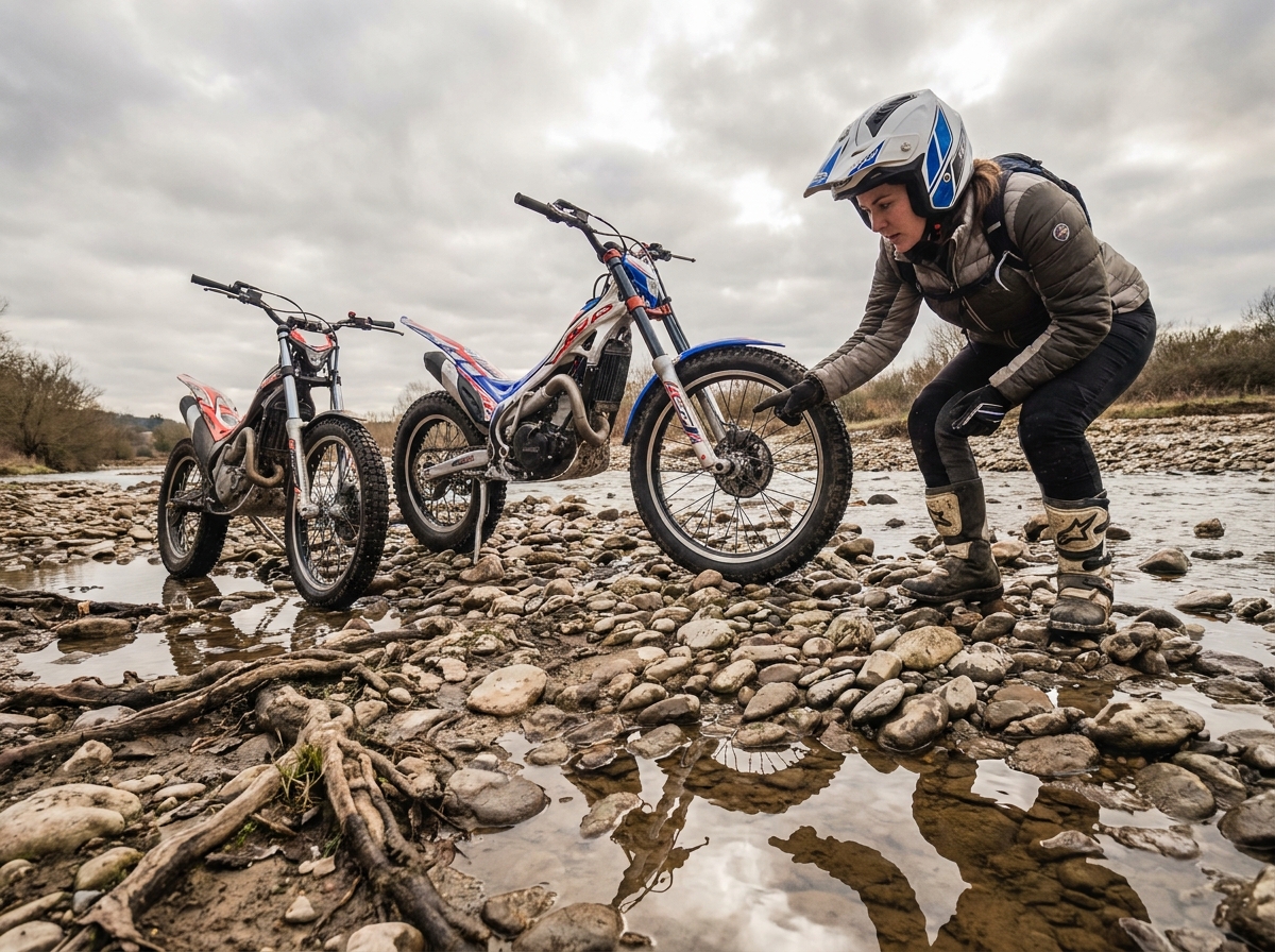 Piloteuse de trial comparant deux motos sur un lit de rivière rocailleux, choix de la moto trial adaptée au terrain aquatique et pierreux