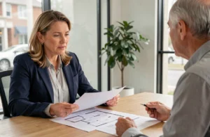 Femme consultant un agent immobilier dans une agence moderne pour l'achat d'un bien immobilier