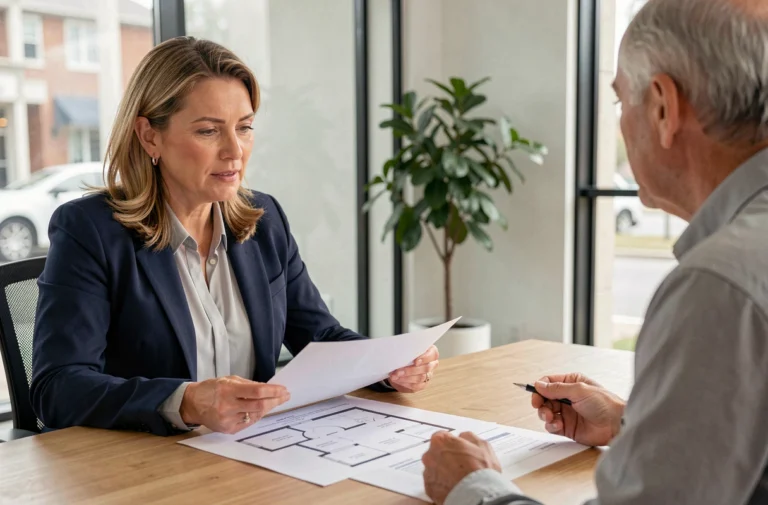Femme consultant un agent immobilier dans une agence moderne pour l'achat d'un bien immobilier