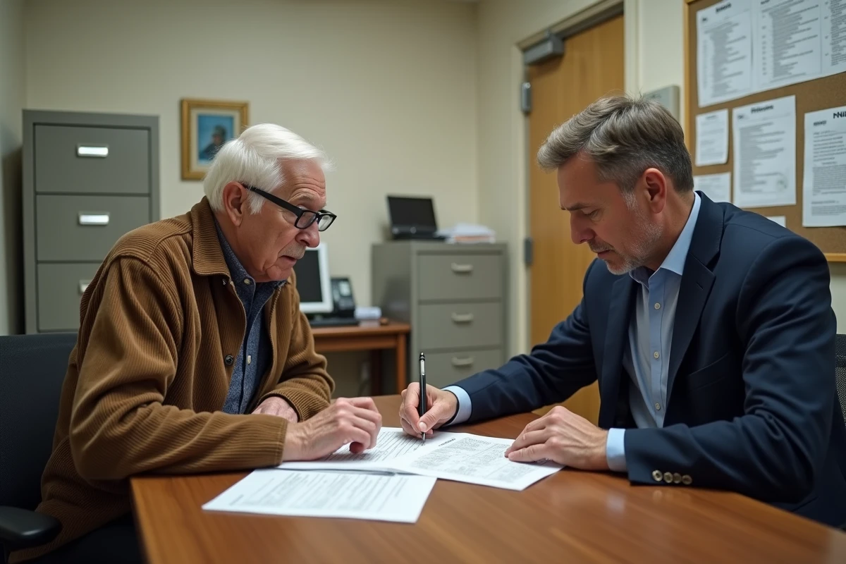Homme âgé en consultation avec un conseiller social pour comprendre l'effet de son épargne placée sur ses droits à l'allocation de solidarité aux personnes âgées