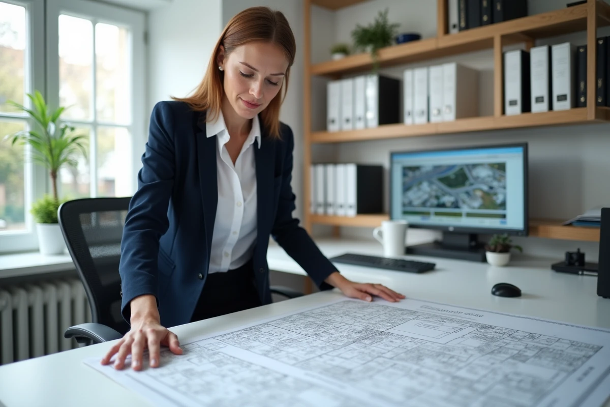 Professionnelle de l'immobilier consultant un plan cadastral pour évaluer la valeur foncière d'un terrain