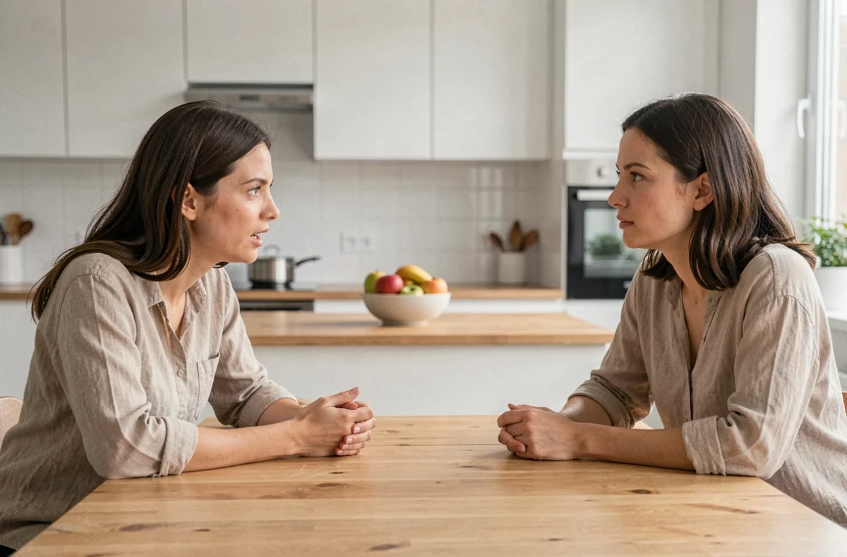 Deux femmes ayant une conversation sincère et bienveillante autour d'une table de cuisine, représentant l'importance du soutien amical face à une situation amoureuse difficile