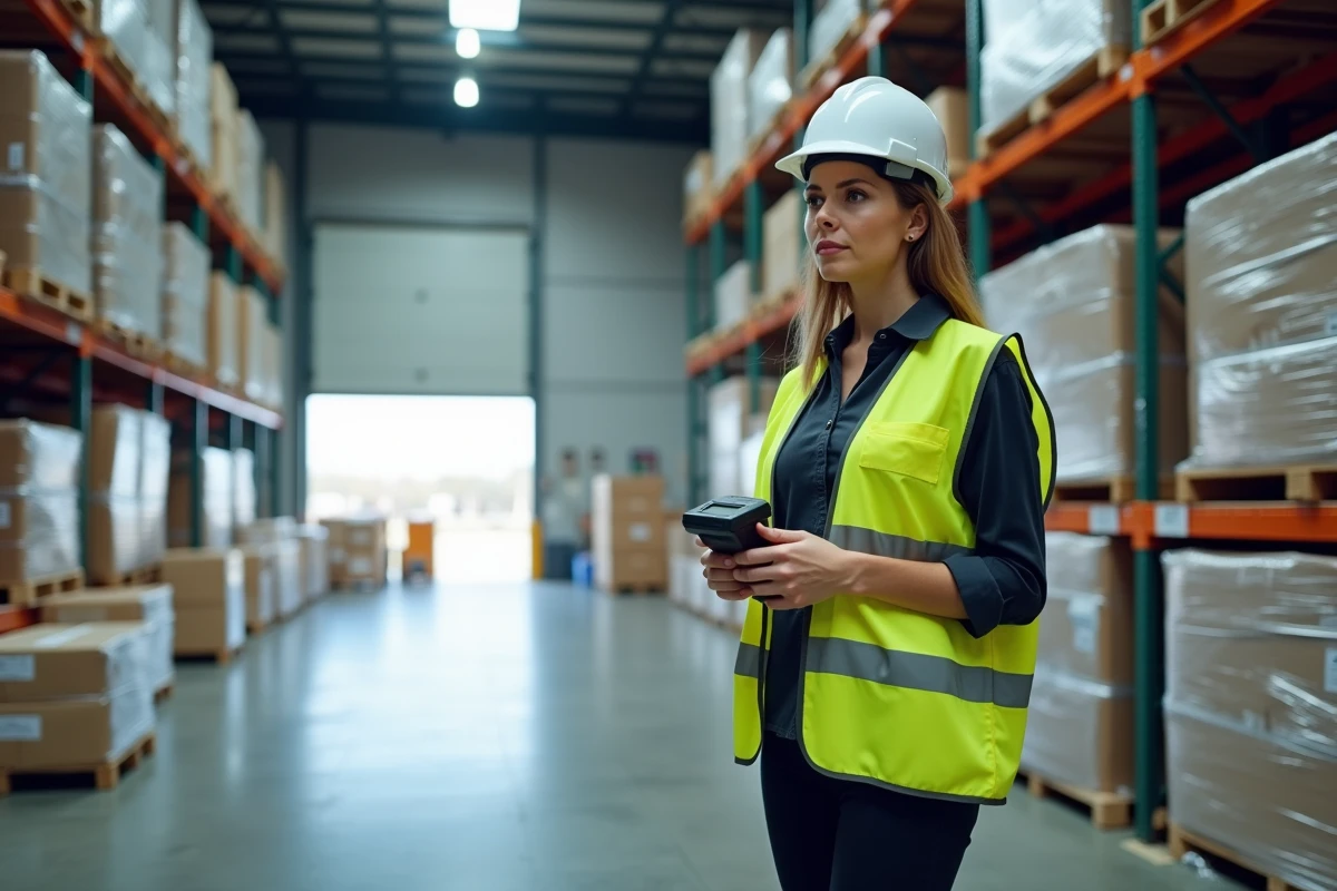 Coordinatrice logistique scannant des palettes dans un entrepôt de distribution avec des rangées de stockage