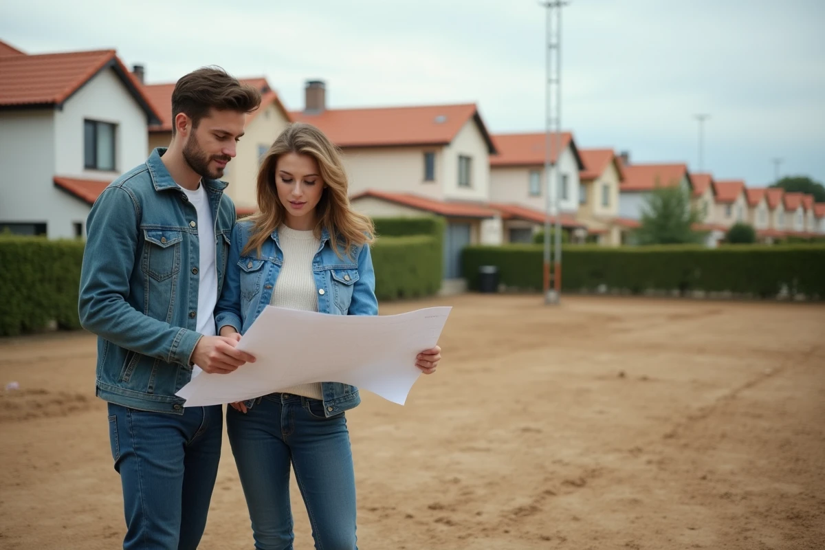 Couple de futurs acheteurs examinant les plans d'un terrain à bâtir pour en estimer le prix au mètre carré