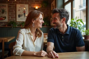Couple complice attablé dans un bistrot parisien, partageant un moment de complicité affectueuse