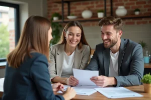 Couple souriant avec conseiller immobilier dans un appartement lumineux