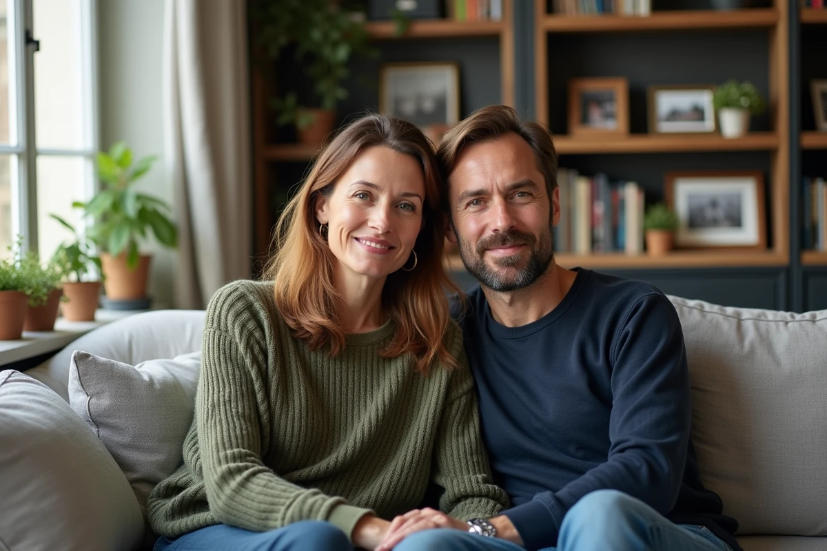 Couple détendu dans un appartement parisien moderne, assis ensemble sur un canapé entouré de livres et de plantes