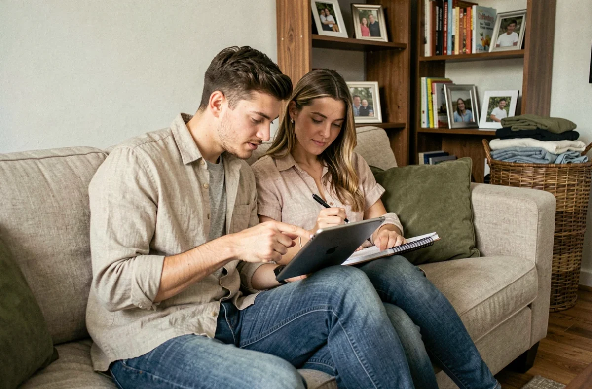 Couple de parents consultant un blog famille sur tablette dans leur salon pour organiser leur quotidien ensemble