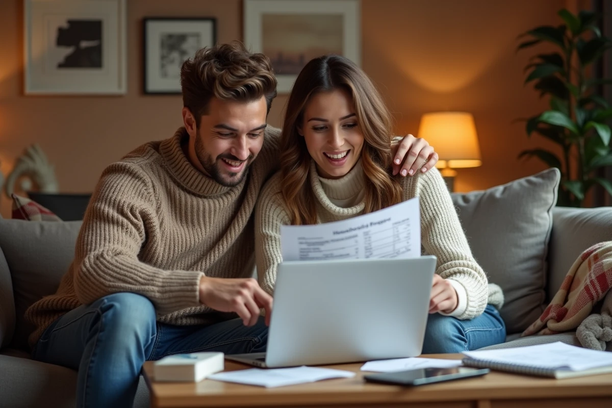 Couple de jeunes adultes planifiant leur budget familial ensemble sur un canapé avec des documents financiers et un ordinateur portable