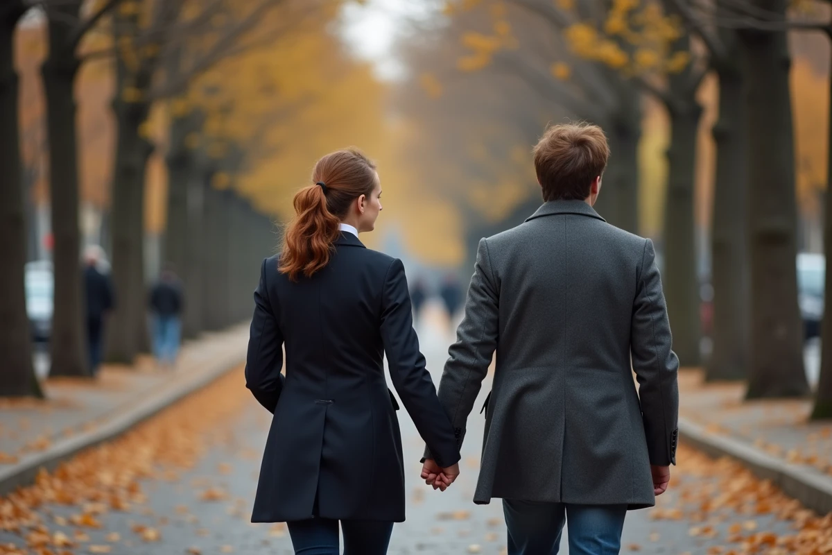 Couple se promenant main dans la main sur un boulevard parisien en automne parmi les feuilles dorées