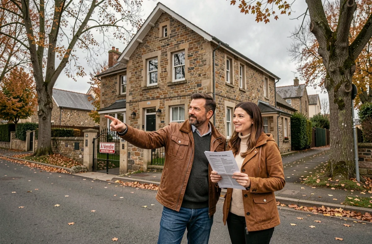 Couple visitant une maison à vendre avec panneau immobilier dans une rue résidentielle en automne