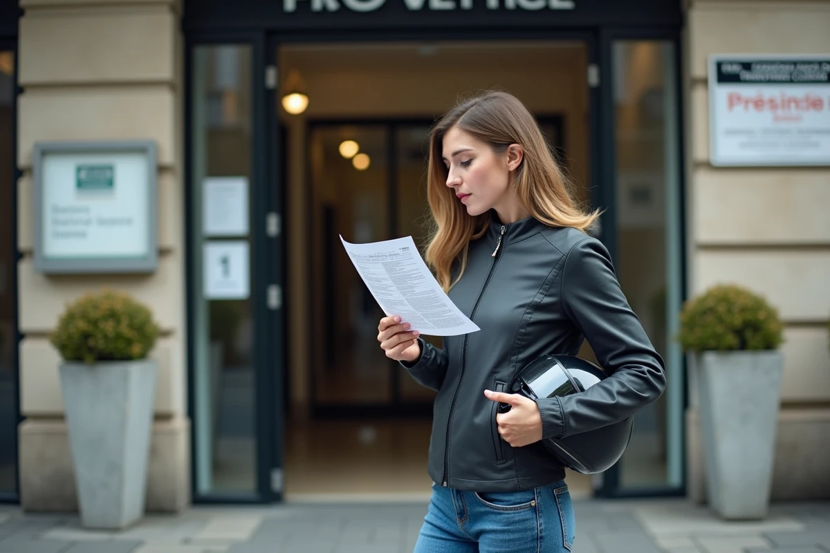 Femme tenant des documents de demande de permis devant l'entrée d'un centre d'examen du permis moto