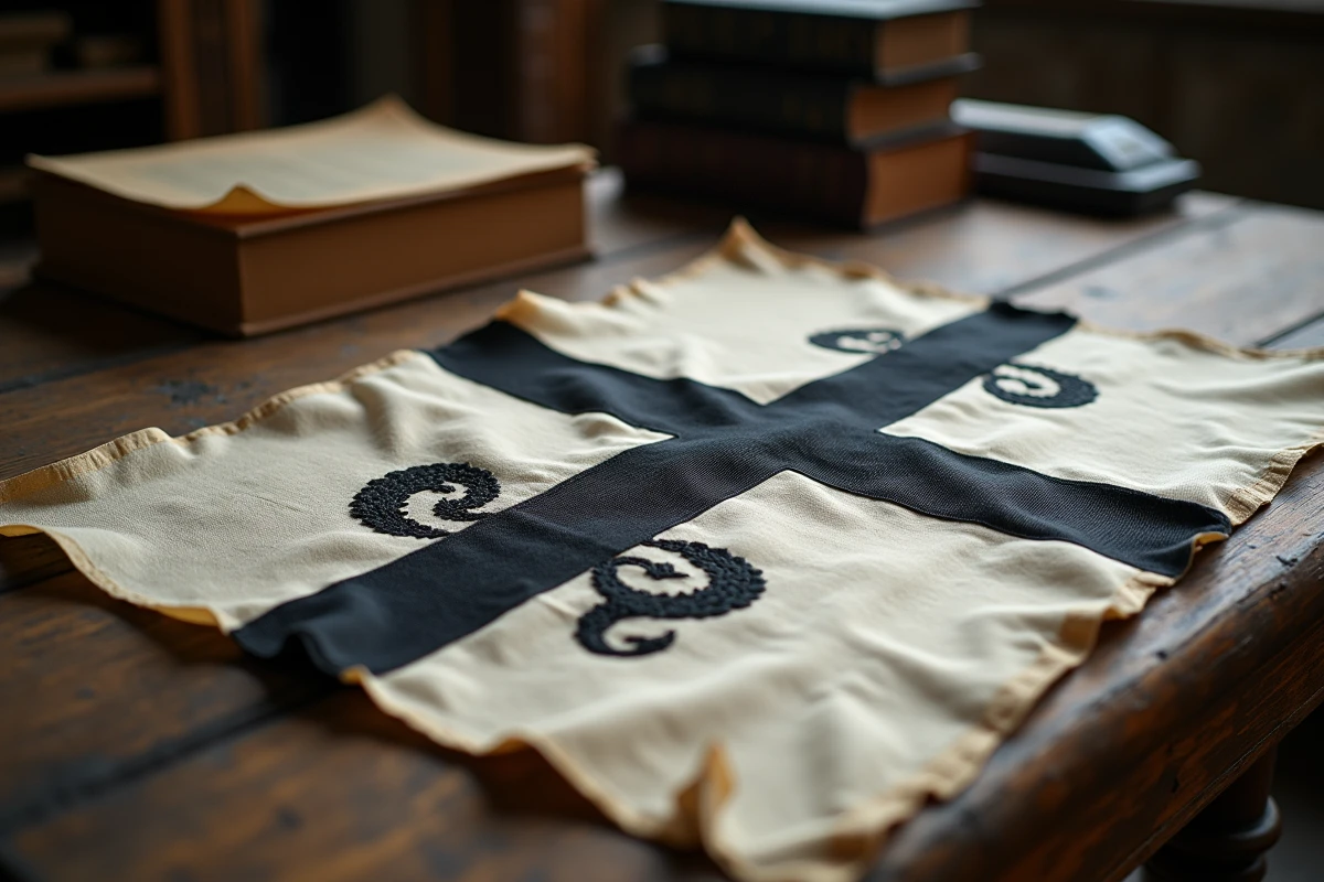 Détail en gros plan du symbole hermine brodé sur le drapeau breton Gwenn-ha-Du posé sur une table en bois ancienne