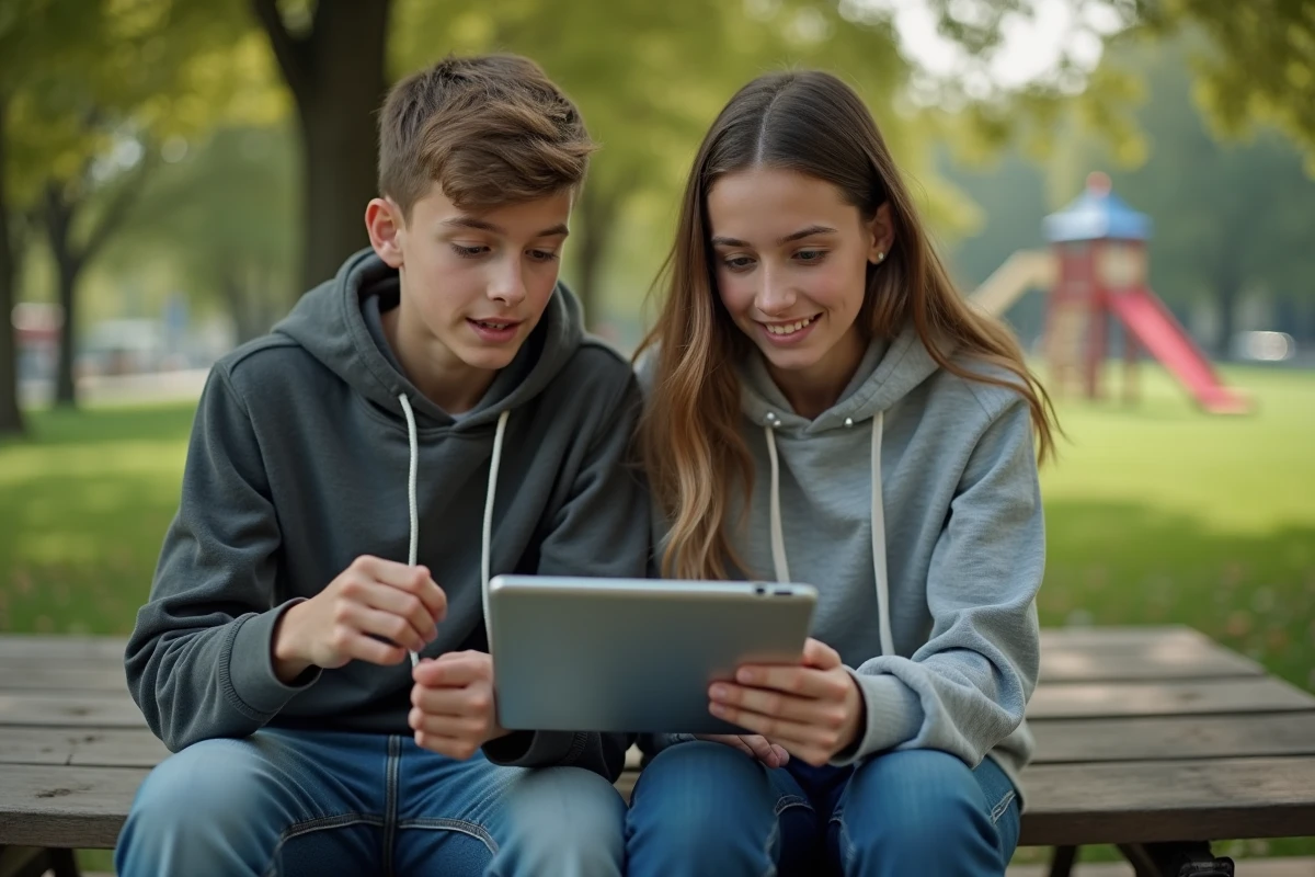 Deux adolescents regardant un film sur une tablette au parc