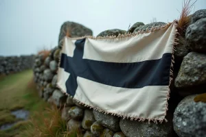 Drapeau breton Gwenn-ha-Du aux bandes noires et blanches avec hermines, drapé sur un mur en pierre de granit en Bretagne