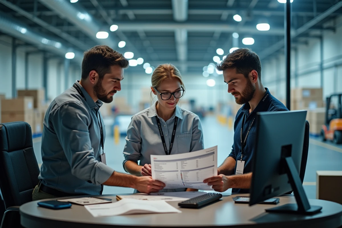Équipe logistique analysant les données d'un système de gestion d'entrepôt dans une salle de contrôle