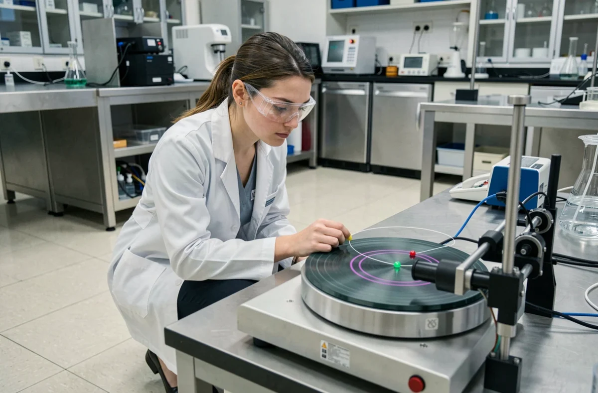 Étudiante en physique observant un disque rotatif lors d'une expérience sur le mouvement circulaire en laboratoire