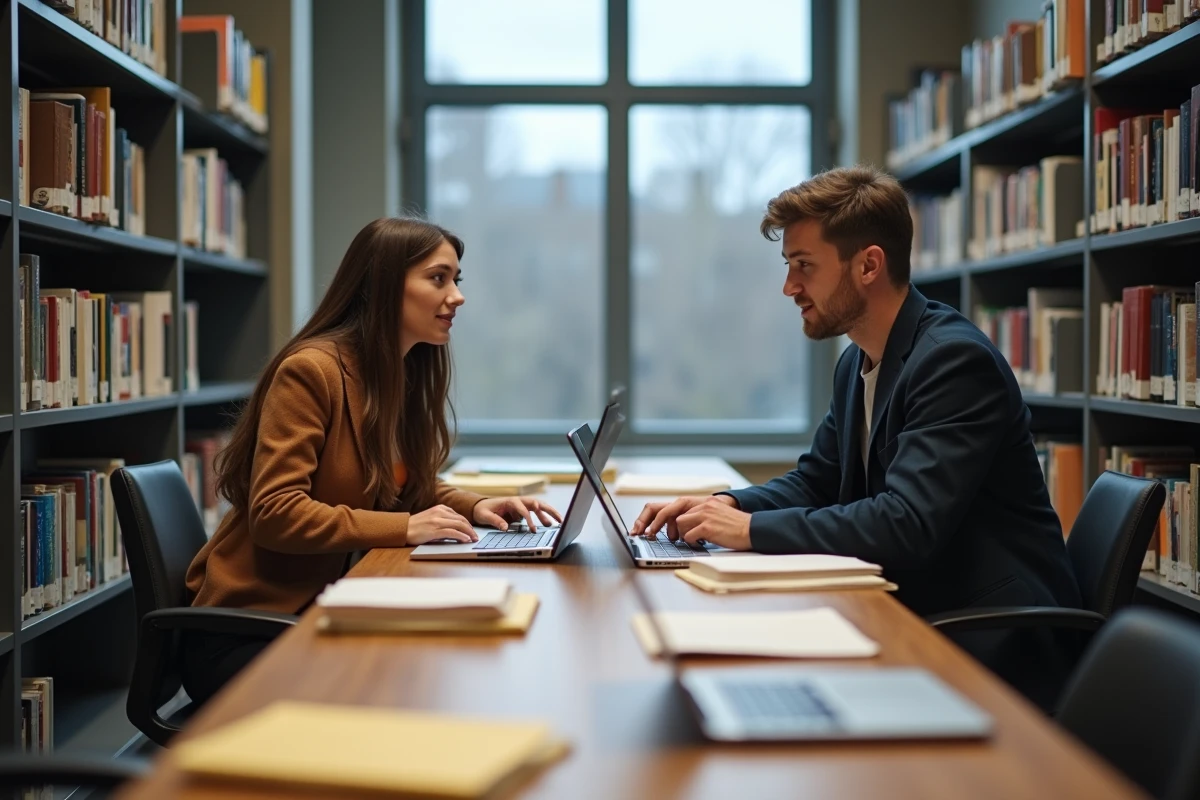 Étudiants en droit discutant de l'appréciation in concreto et in abstracto dans une bibliothèque universitaire juridique