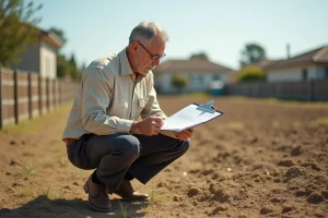 Expert immobilier estimant le prix au m2 d'un terrain non constructible avec des documents d'évaluation foncière
