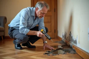 Expert en assurance inspectant un dégât des eaux sur un parquet gonflé avec un humidimètre dans un appartement résidentiel
