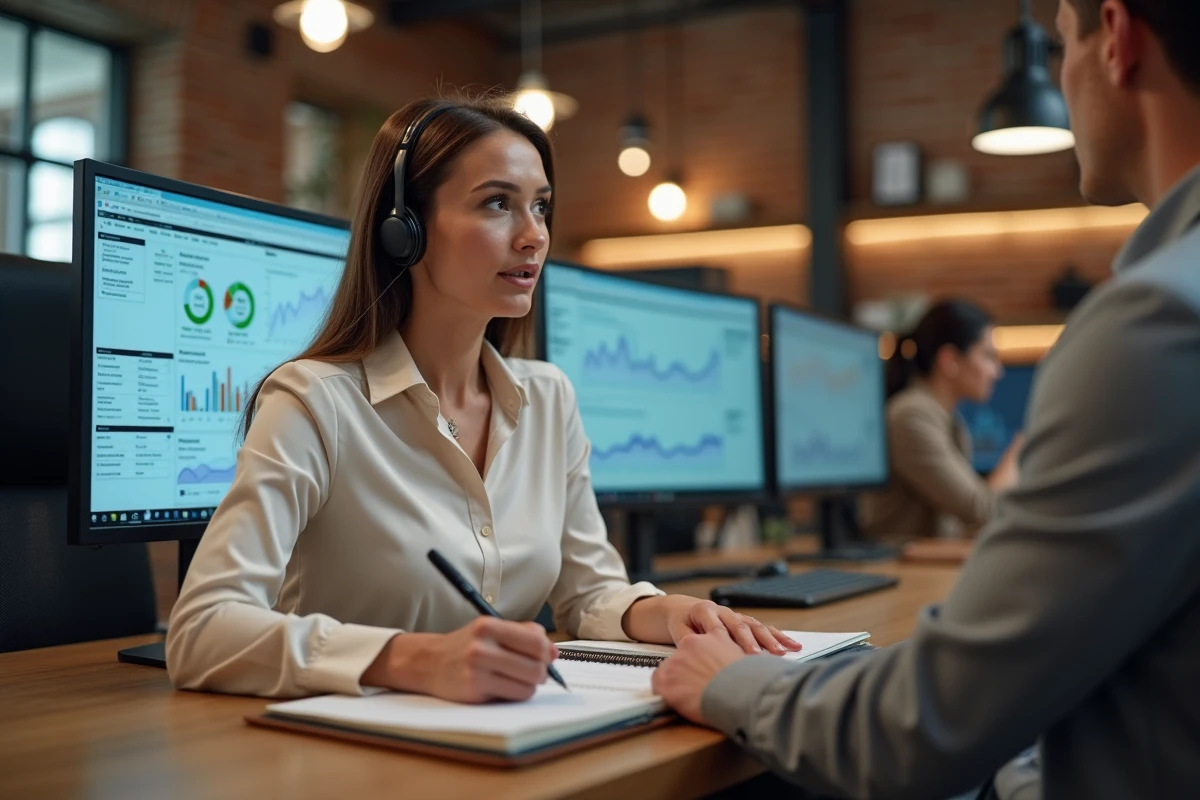 Femme d'affaires utilisant un CRM et un casque téléphonique pour gérer ses stratégies de mise en relation B2B dans un espace de coworking