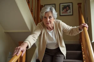 Femme âgée se tenant à une rampe d'escalier pour éviter une perte d'équilibre à domicile