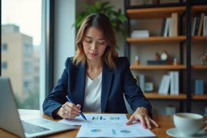 Femme professionnelle analysant des documents financiers et des graphiques sur un bureau en bois dans un bureau à domicile moderne
