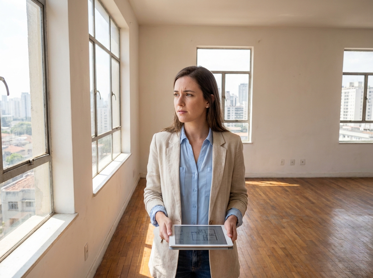 Jeune femme étudiant des plans dans un appartement lumineux