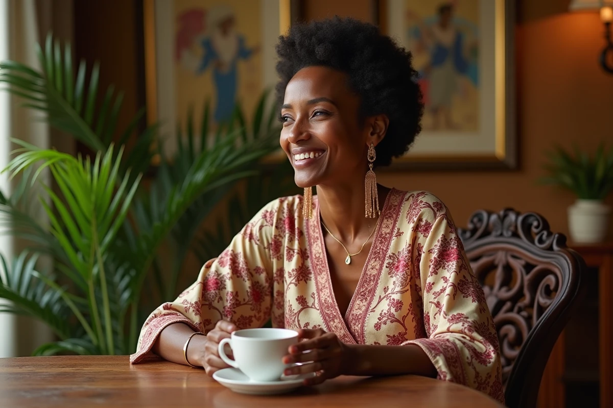 Femme malgache élégante dans un intérieur chaleureux