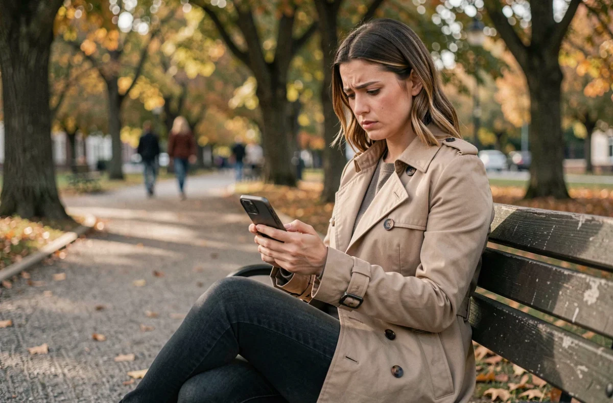 Jeune femme perplexe sur un banc de parc regardant son téléphone, symbolisant la confusion émotionnelle et les questionnements liés à une relation amoureuse compliquée