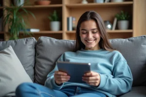 Jeune femme souriante dans un salon cosy avec tablette