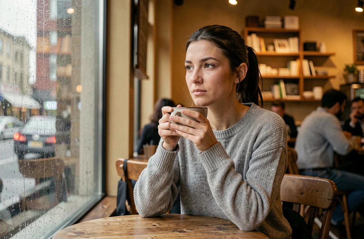Femme songeuse seule dans un café, regardant par la fenêtre sous la pluie, illustrant le dilemme émotionnel d'être amoureuse d'un homme marié