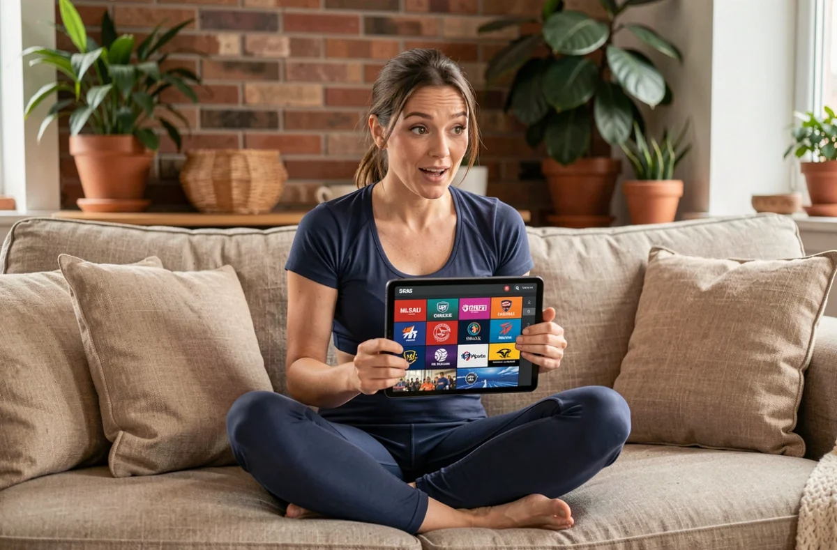 Femme découvrant les différents univers du sport en ligne sur une tablette depuis son canapé