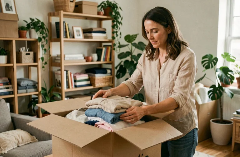 Femme triant des vêtements et objets du quotidien pour les donner à une association caritative