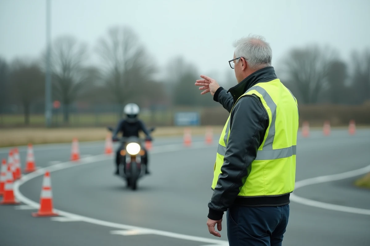 Moniteur d'auto-école en gilet haute visibilité donnant des instructions à un élève sur un circuit de formation moto 125