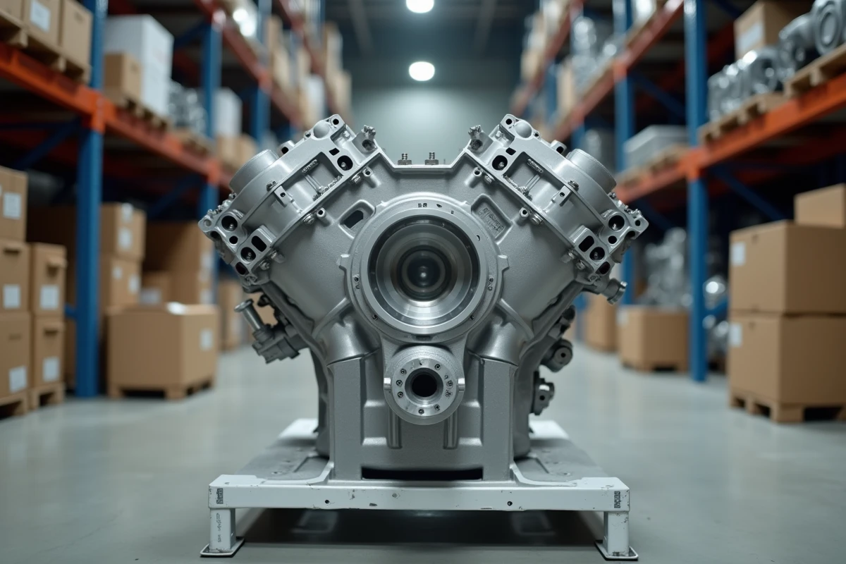 Gros plan sur un bloc moteur forgé en aluminium avec détails d'usinage et numéro de série