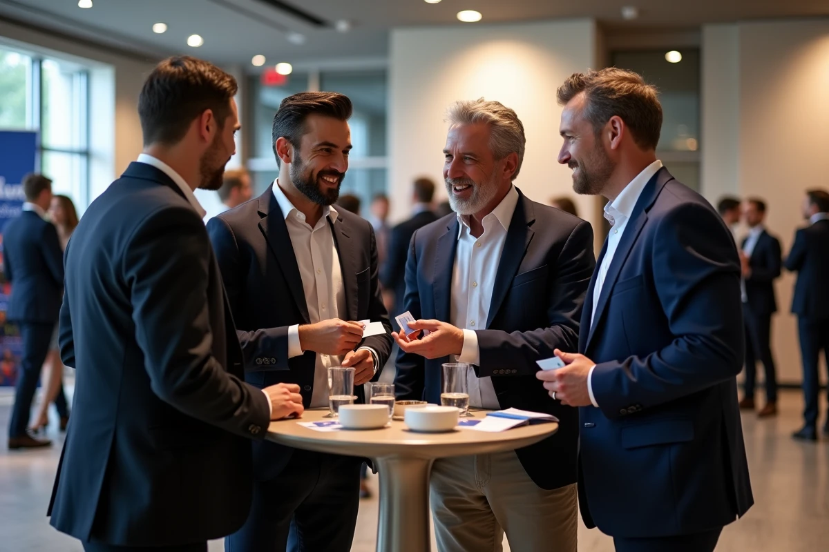 Groupe de professionnels échangeant des cartes de visite lors d'un événement de networking B2B dans un espace moderne