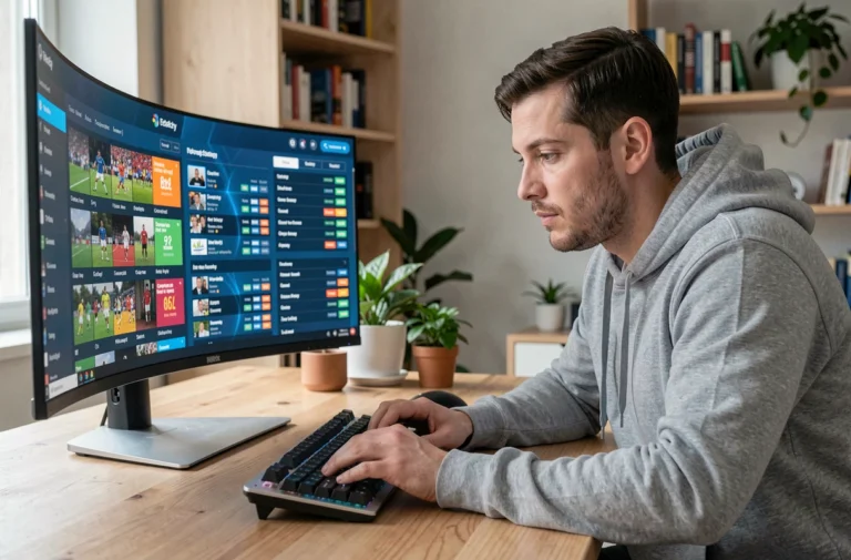 Homme consultant un guide complet des univers du sport en ligne sur un grand écran dans un bureau moderne