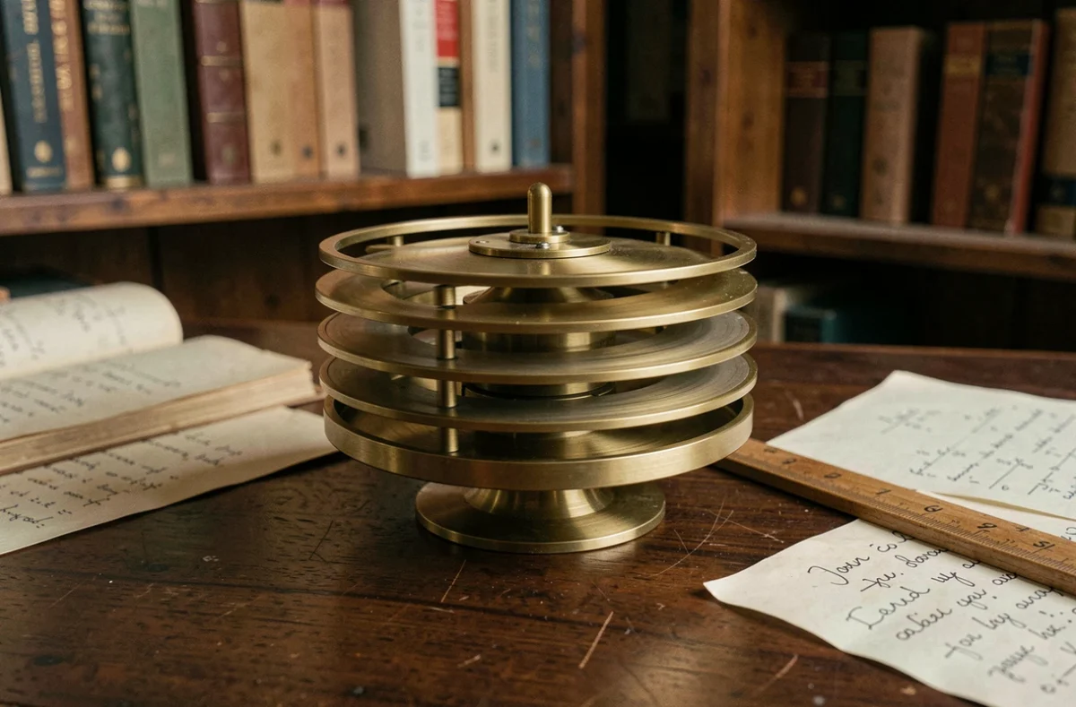 Gyroscope mécanique vintage en rotation sur un bureau en bois illustrant le mouvement rotatif en physique