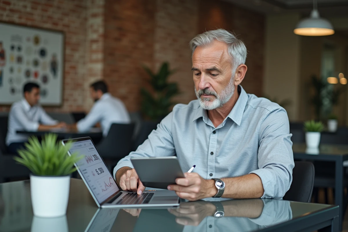 Homme d'affaires consultant une application de finance personnelle sur tablette dans un espace de coworking moderne