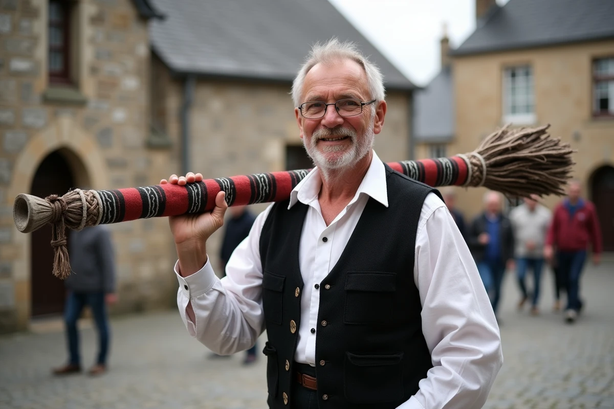 Homme breton tenant fièrement le drapeau breton Gwenn-ha-Du lors d'une fête culturelle dans un village de Bretagne