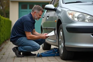 Homme en jeans et polo consulte un manuel près d'une Peugeot 307